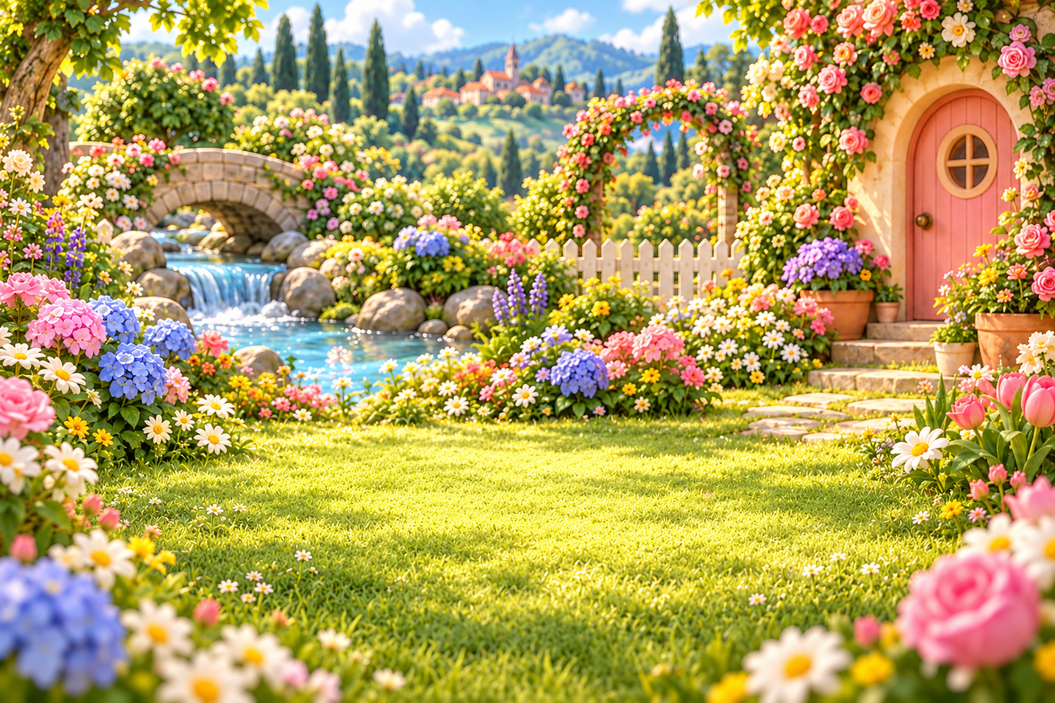 Koko’s sunny garden beside a pond.