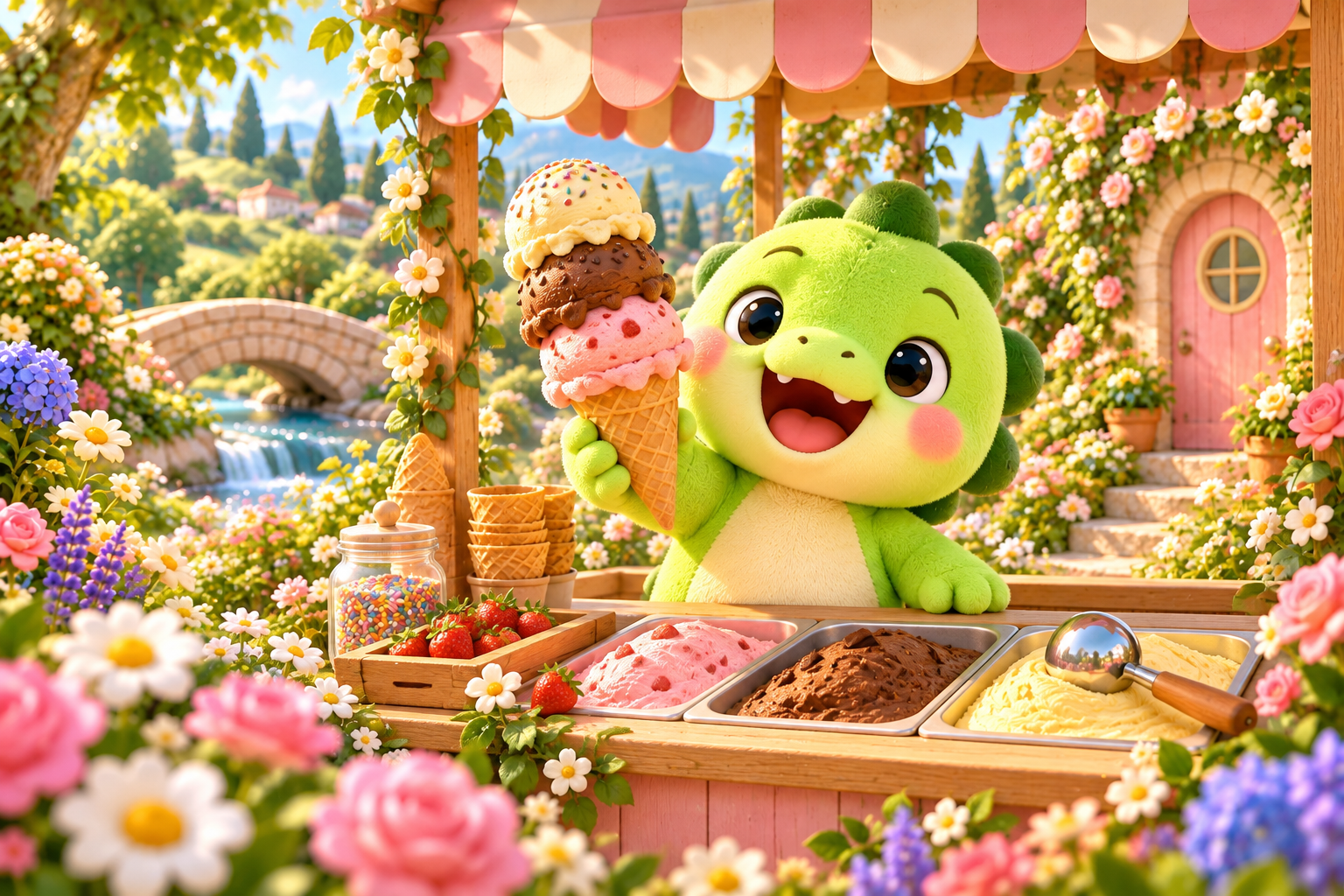 Koko serving strawberry, chocolate, and vanilla ice cream in his flower garden