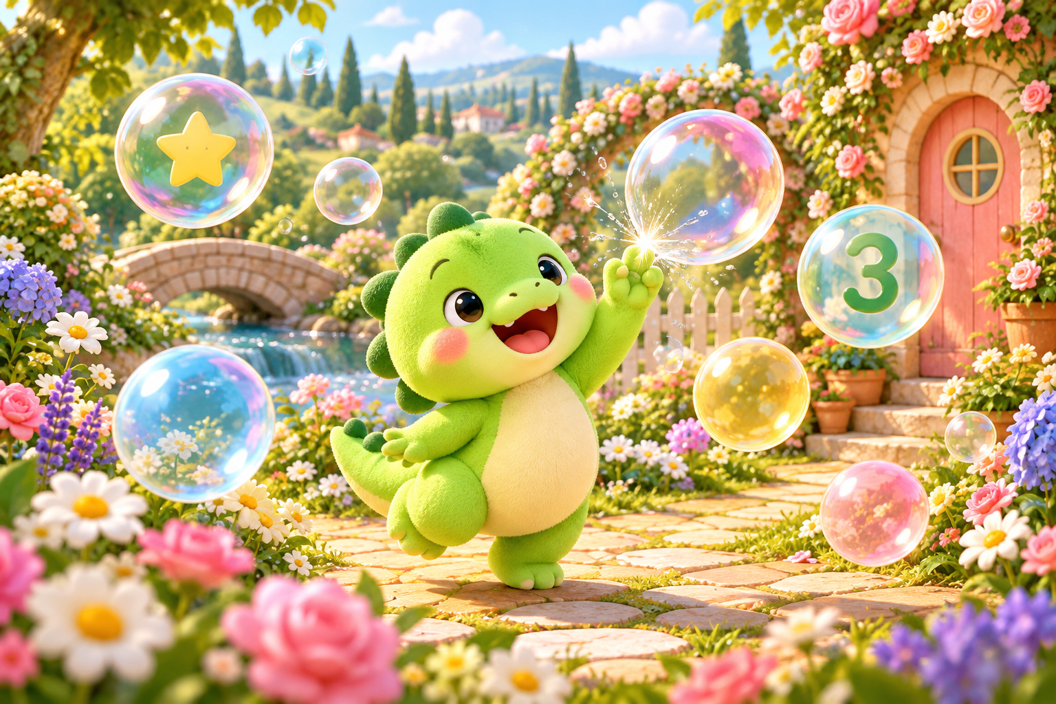 Koko popping colorful bubbles in his flower garden