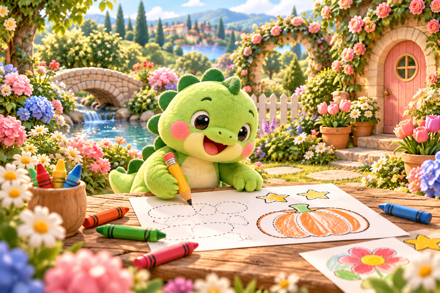 Koko tracing a name on an activity worksheet